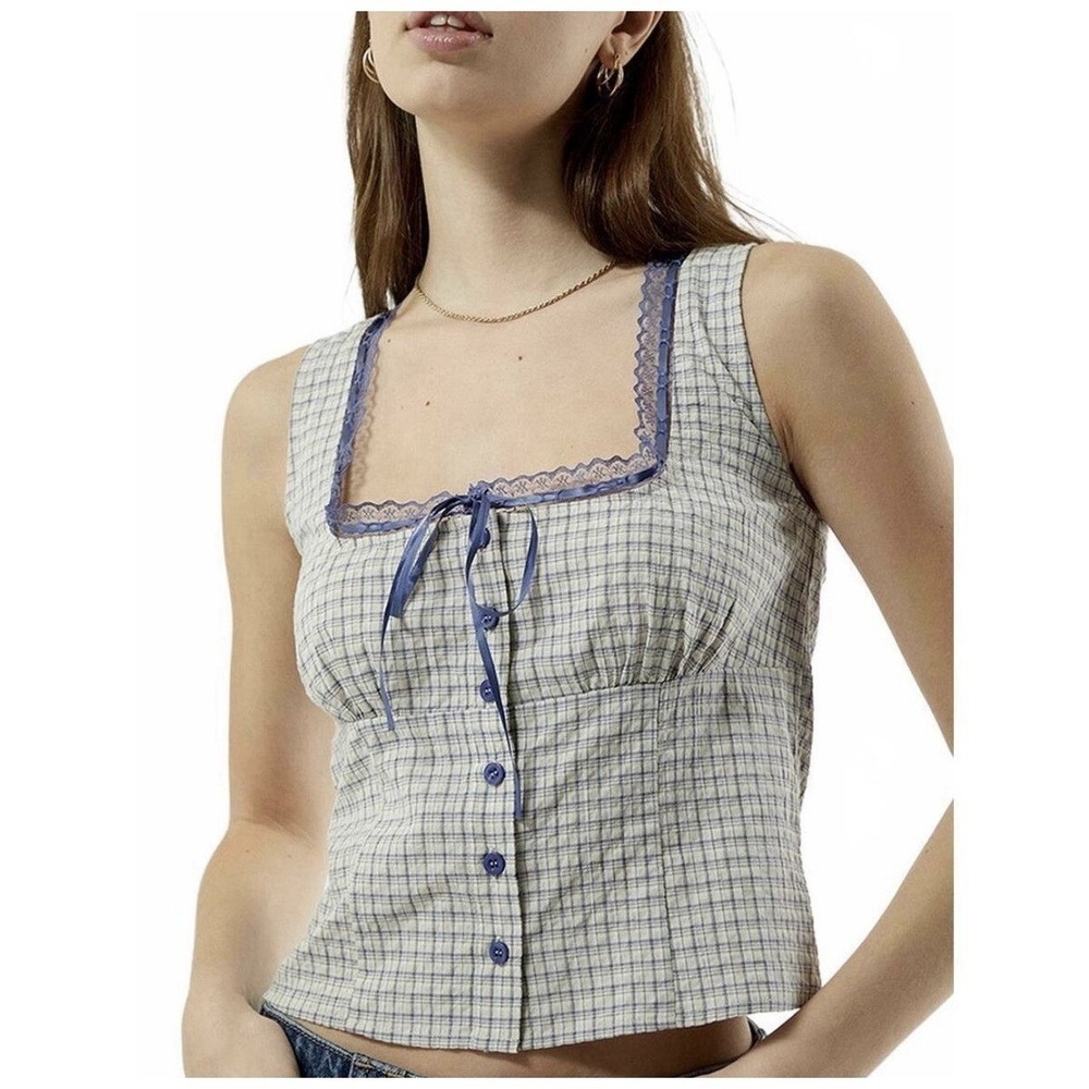 Pacsun Women's Top Medium Your Favorite Plaid Button Up Lace Trim Top Babydoll - Picture 1 of 12